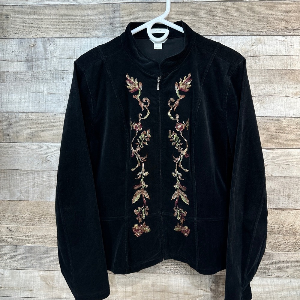 Christopher Banks Womens Black Corduroy Floral Embroidered Stretch Jacket Size L